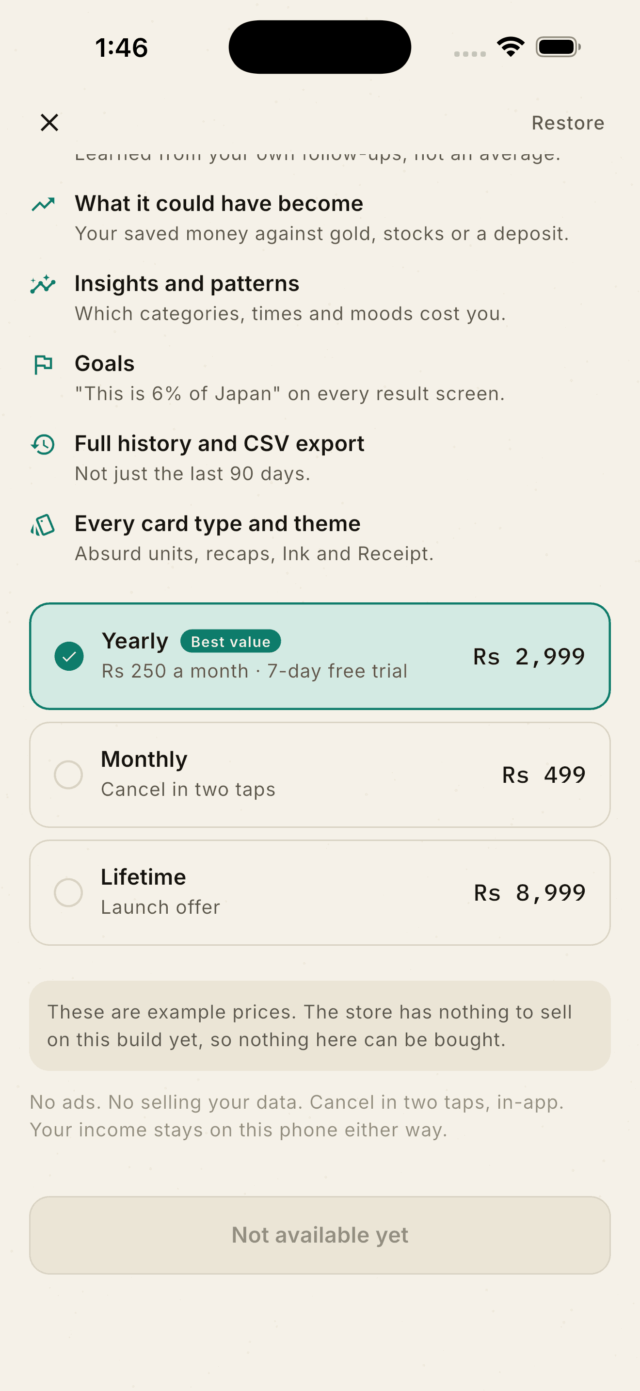 Life Hours Plus screen showing Kept-if-grown, Insights, Goals, full history and a yearly/monthly/lifetime pricing picker
